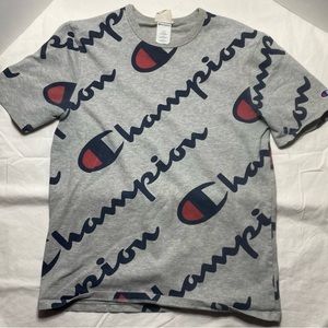 Champion Heritage All Over Logo Print Athletic Grey T Shirt Mens